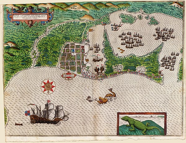 Sir Francis Drake in Cartagena de Indias 1585. From a hand-colored engraving, by Baptista Boazio, 1589