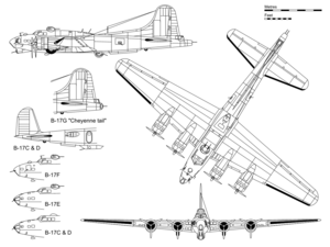 3-view projection of a B-17G, with inset detail showing the "Cheyenne tail" and some major differences with other B-17 variants