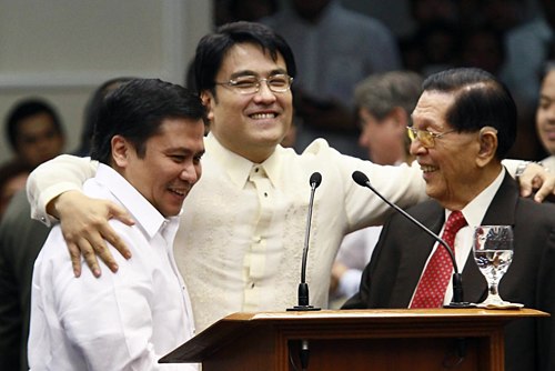 with Senators Juan Ponce Enrile and Jinggoy Estrada after the Revilla's speech Salamat, Kaibigan on June 9, 2014