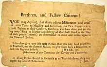 A notice from the "Chairman of the Committee for Tarring and Feathering" in Boston denouncing the tea consignees as "traitors to their country". BostonTeaPartyJoyceNotice.jpg