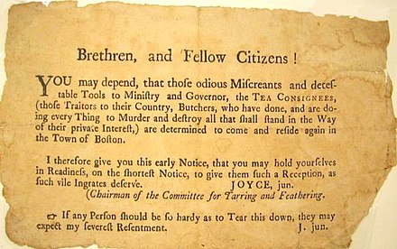 This notice from the "Chairman of the Committee for Tarring and Feathering" in Boston denounced the tea consignees as "traitors to their country".