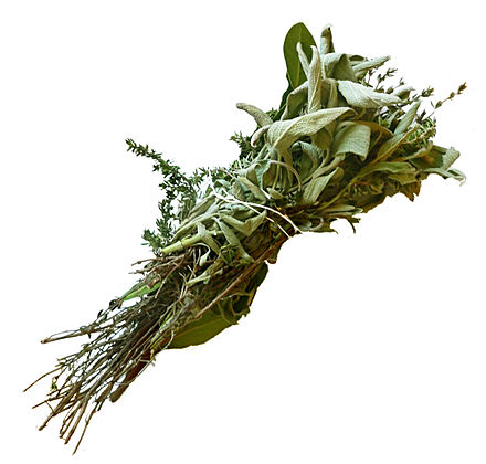 Bouquet garni of thyme, bay leaves, and sage, tied with a string