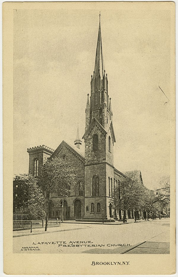 Lafayette Ave Presbyterian Church, before 1933 when its steeple was shortened