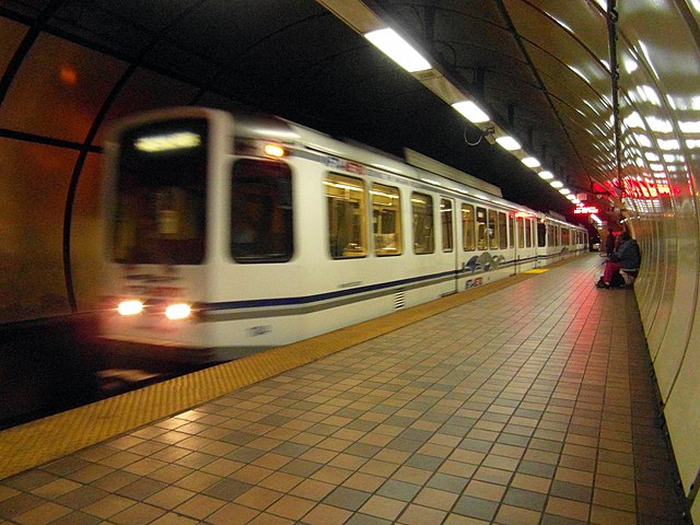 A Buffalo Metro Rail train approaching Amherst Street station in 2012