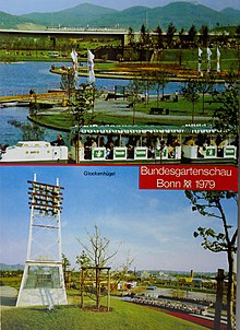 Das Foto enthält zwei Aufnahmen. Oben: Blumenbahn, im Hintergrund die Konrad-Adenauer-Brücke und das Siebengebirge. Unten: Glockenhügel mit dem Carillon.