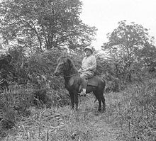 Une photographie en noir et blanc représentant un homme à cheval dans un paysage exotique