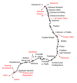 オストラヴァ - ヴァラシスケー・メジルジーチー線の路線図