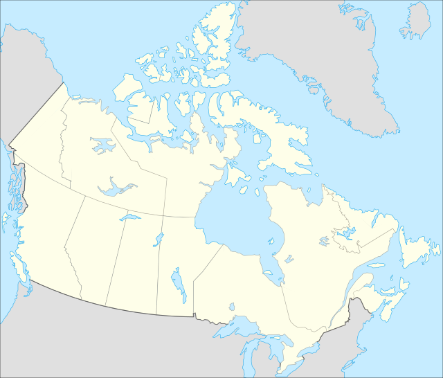 Mapa konturowa Kanady, blisko dolnej krawiędzi nieco na prawo znajduje się punkt z opisem „miejsce bitwy”