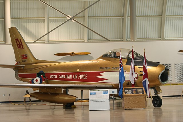 Canadair Sabre in the colours of the Golden Hawks, on display at the Canadian Warplane Heritage Museum, Mount Hope, Ontario
