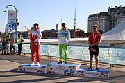 Deutsch: Kanusport bei den Olympischen Jugendspielen 2018; Tag 10, 16. Oktober 2018; Finale Jungen Einer-Kajak-Slalom: Lan Tominc (Slowenien, Gold) - Guan Changheng (China, Silber) - Tom Bouchardon (Frankreich, Bronze) English: Canoeing at the 2018 Summer Youth Olympics at 16 October 2018 – Boys' K1 slalom Gold Medal Race: Lan Tominc (Slovenia, gold) - Guan Changheng (China, silver) - Tom Bouchardon (France, bronze)