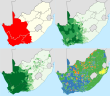 In clockwise order from top left, maps showing:
Frequently included municipalities in the Cape independence movement.
Coloured people as a percentage of the population.
Party with the largest share in a voting district.
Percentage of the population with Afrikaans as a home language. Cape Independence, language, voting patterns and ethnicity.svg