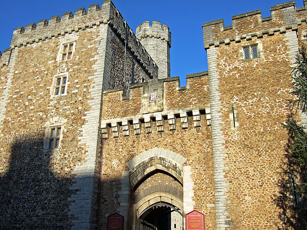 The South Gate, showing the restored 15th century Black Tower (l) and the barbican tower (r)