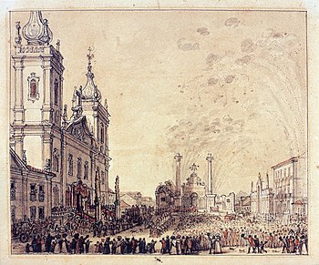 A large crowd of people and mounted horsemen fill a large public square before the steps of a twin-spired baroque church
