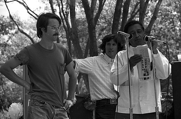 Cesar Chavez speaking at a 1974 United Farm Workers rally in Delano, California. The UFW during Chavez's tenure was committed to restricting immigrati