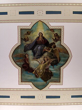 This fresco from the church ceiling depicts the Immaculate Conception. Church of the Nativity of the Blessed Virgin Mary (Cassella, Ohio) - interior, ceiling painting, Immaculate Conception.jpg