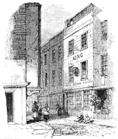 A 19th-century illustration of Cock Lane. The haunting took place in the three-storey building on the right. Cock lane ghost.png