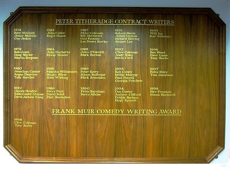 File:Commemorative plaque of first Commemorative plaque of recipients of BBC Radio's Comedy Writers' Award, a.k.a. the Peter Titheradge, or Contract Writers', Award recipients of BBC Radio's Comedy Writers' Award.jpg