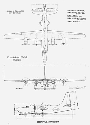 Schematický nákres letounu PB4Y-2 Privateer.