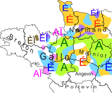 Mapa západní Francie zobrazující rozdíly ve výslovnosti slova "hedge" podle regionů.