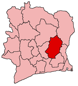 Harta districtului N'zi-Comoé în cadrul statului Coasta de Fildeș