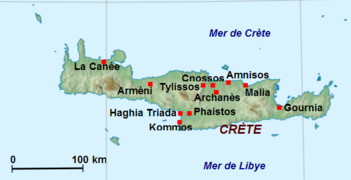 Les principaux sites de Crète occupés                  durant la période « mycénienne » (Minoen Récent III).