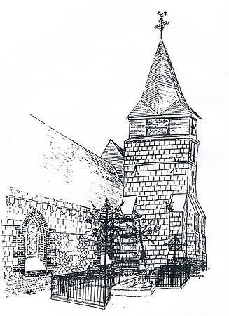 Dibujo a lápiz de la fachada suroeste de la iglesia de Saint-Silvin de Mautort.jpg