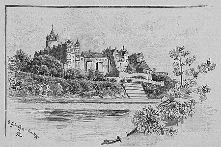 Schloß 1892, aus der Gartenlaube; Bildunterschrift: „ Das Schloß in Bernburg vor dem Brande am 6. Januar 1894. Nach einer Originalzeichnung von O. Günther-Naumburg.“