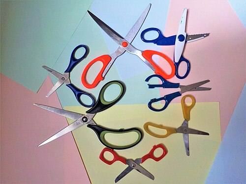 Different types of scissors, for kitchen, sewing and for paper.