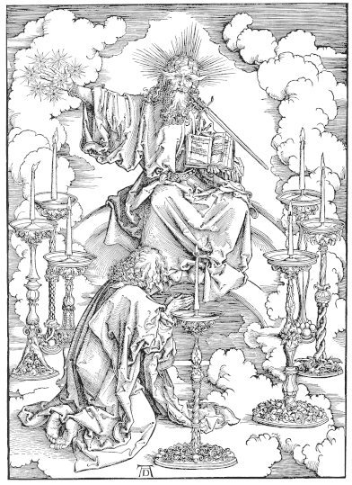 Die Vision aus dem ersten Kapitel der Offenbarung des Johannes mit dem Menschensohn, der sieben Sterne in seiner rechten Hand hat und von sieben goldenen Leuchtern umgeben ist, in einem Holzschnitt von Albrecht Dürer von 1498.