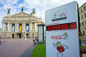 Lviv, Ukraine: counting down to start of UEFA Euro 2012 EURO 2012 Lvov clock.jpg