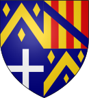 Arms of Edward Hyde, Earl of Clarendon: Quarterly, 1st and 4th: Azure, a chevron between three lozenges Or (Hyde); 2nd: Paly of six or and gules a bend azure (Langford); 3rd: Azure, a cross argent (Aylesbury). Earl of Clarendon Arms.svg