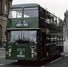 Leyland Fleetline DD65 (OSG 65V), pictured when new at the foot of North Bridge, Edinburgh, in September 1979. It features the recently introduced 'saltire' logo on its near-side cream band. Eastern Scottish bus DD65 (OSG 65V), September 1979.jpg