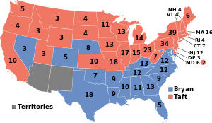 Kort over, hvem, der vandt hvilke delstater (blå=Bryan, rød=Taft)