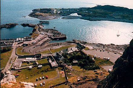 Sea-filled slate quarries on Seil (foreground) and Easdale in the Slate Islands