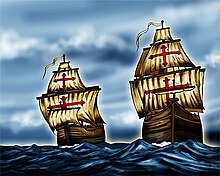 The two merchant galleons, Encarnacion and Rosario, which were hastily converted to warships to meet the superior Dutch armada of 18 vessels during the battles of La Naval de Manila in 1646 (artist's conception) Encarnacion and Rosario.jpg