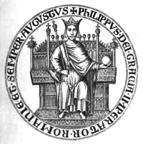 Seal of Philip of Courtenay, Latin Emperor in exile 1273–1283. His title in the seal is Dei gratia imperator Romaniae et semper augustus ("By the Grac