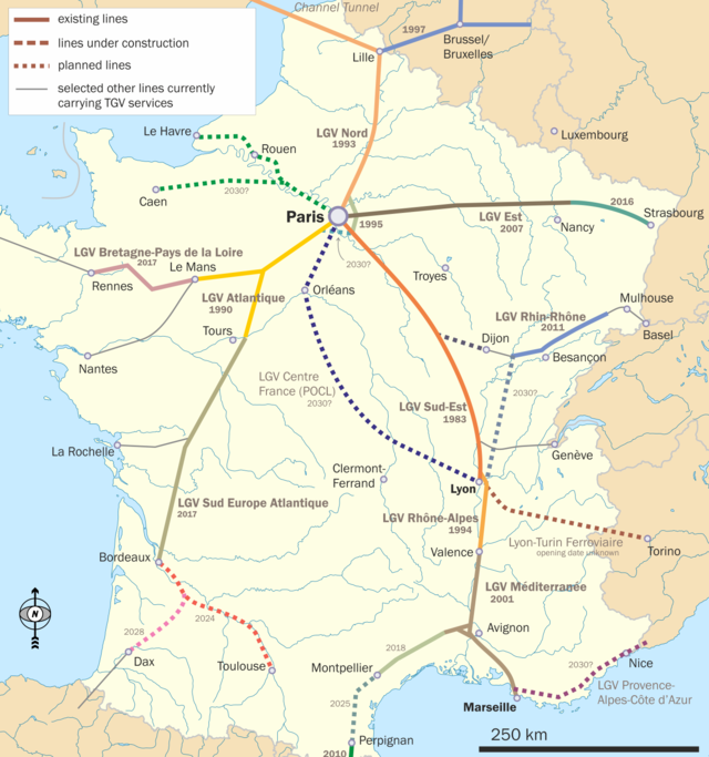 Mapo kun la reto de francaj TGV-linioj.