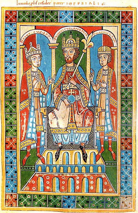 Emperor Frederick I (middle) flanked by his two sons, Henry VI and Frederick VI. Friedrich-barbarossa-und-soehne-welfenchronik 1-1000x1540.jpg