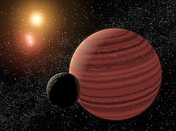 Konstnärens bild av den bruna dvärgen Gliese 570D och de övriga stjärnorna i systemet.