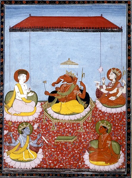 The five primary deities of Smarta in a Ganesha-centric panchayatana: Ganesha (centre) with Shiva (top left), Adi Shakti (top right), Vishnu (bottom l