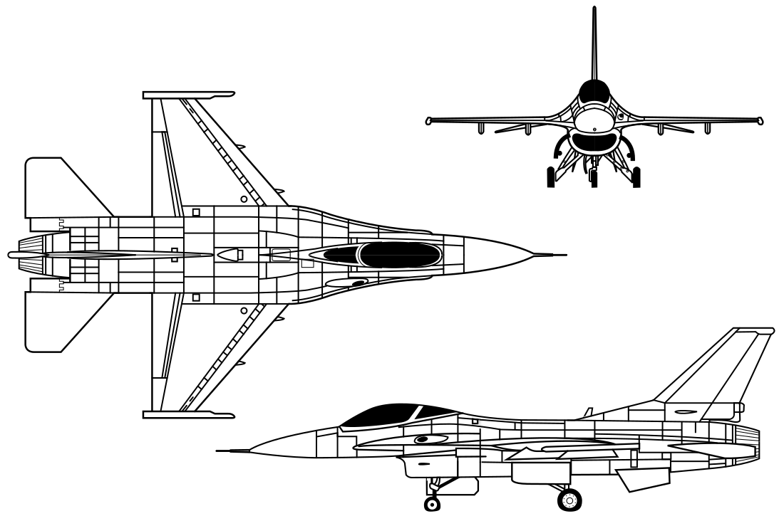 File:General Dynamics F-16 Fighting Falcon 3-view line drawing.svg