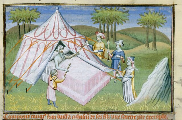 Early 15th-century miniature of Genghis Khan advising his sons on his deathbed, taken from Marco Polo's section of the Livre des merveilles manuscript