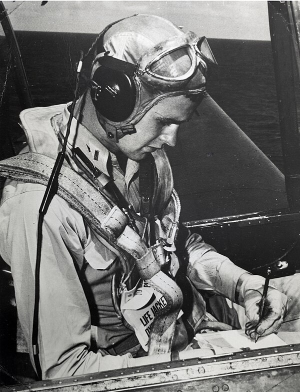 Bush in his Grumman TBF Avenger aboard the USS San Jacinto in 1944, during World War II