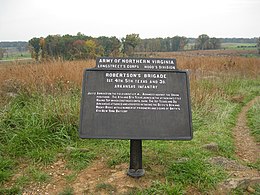 Foto menunjukkan Robertson Brigade penanda di Gettysburg National Military Park.