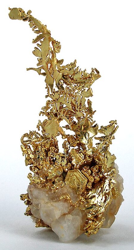 Very fine old crystalline-gold specimen, most likely from Tuolumne County. Sold in the 1950s for $65; more recently for $12,500. Published twice.