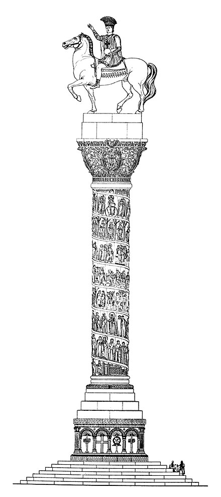 Reconstruction of the Column of Justinian, which dominated the square after the 6th century. The depiction of a helical narrative frieze around the column, after the fashion of Trajan's Column, is erroneous.