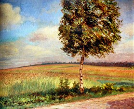 Björk, majsfält och sommarhimmel (oljemålning), 1920