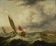Ships in the storm label QS:Len,"Ships in the storm" label QS:Lpl,"Okręty w czasie sztormu" label QS:Lnl,"Schepen in de storm" circa 1660-1680. oil on canvas medium QS:P186,Q296955;P186,Q12321255,P518,Q861259 . 61 × 65.5 cm (24 × 25.7 in). Rotterdam, Museum Boijmans Van Beuningen.