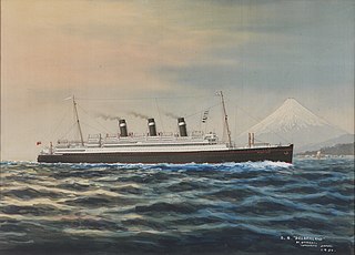 The Belgian steamer 'Belgenland' of the Red Star Line passing the coast of Japan, with a view on Mount Fuji