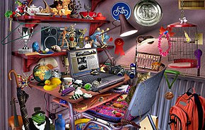 A mockup of a hidden object game. The player might be instructed to find a pair of binoculars, a lion, and a purple ribbon. Hidden object game.jpg